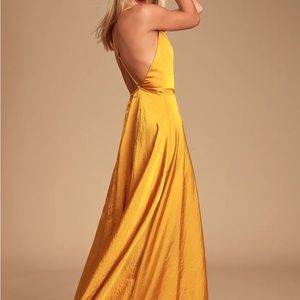 Lulu’s Golden Yellow Satin Backless Maxi Dress